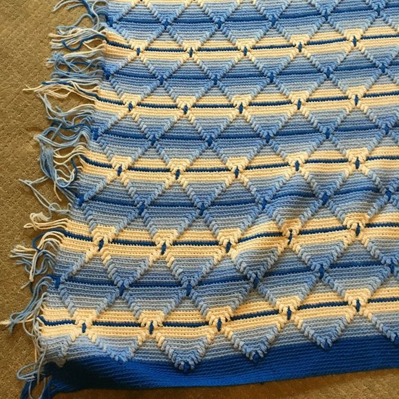 Vintage 48”×60" Handmade Crochet Afghan Blanket Throw Blue & White Fringe - Picture 4 of 4